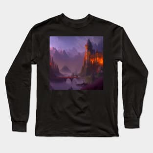 Ai Generated Art Scenery - Mountain Castle with Bridge Long Sleeve T-Shirt